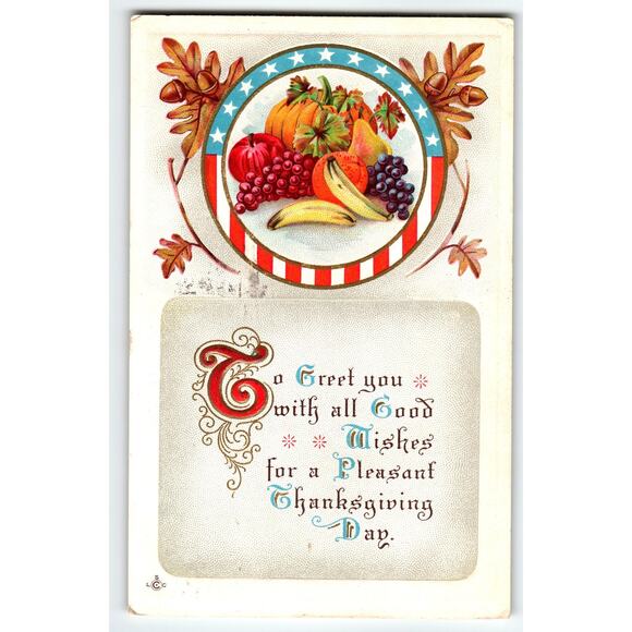 Vintage 1910s Thanksgiving Lithograph Postcard with Fruit Motif - Picture 1 of 2
